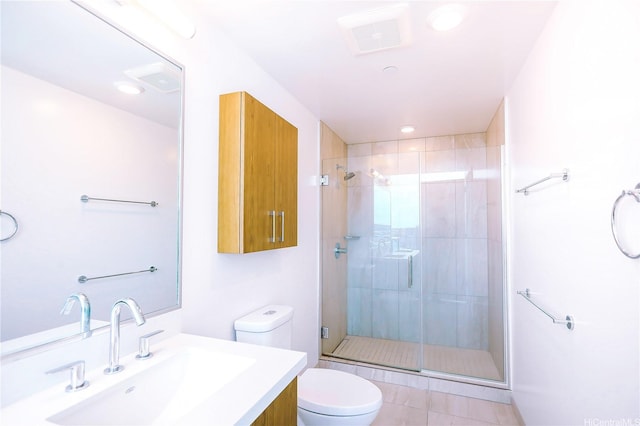 full bathroom with toilet, vanity, visible vents, and a stall shower