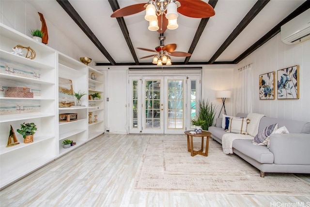 living room with vaulted ceiling with beams, a wall mounted AC, wood finished floors, and a ceiling fan