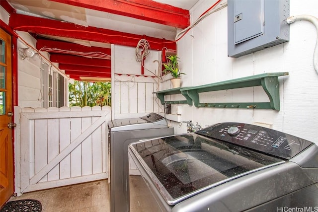 laundry area with laundry area, electric panel, and washer and dryer