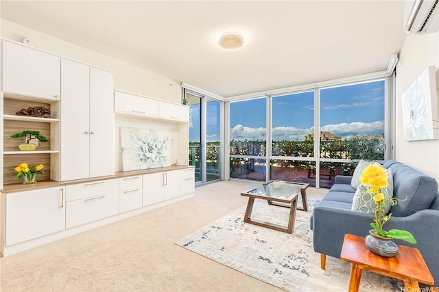 living area featuring a wall mounted AC, expansive windows, and light colored carpet