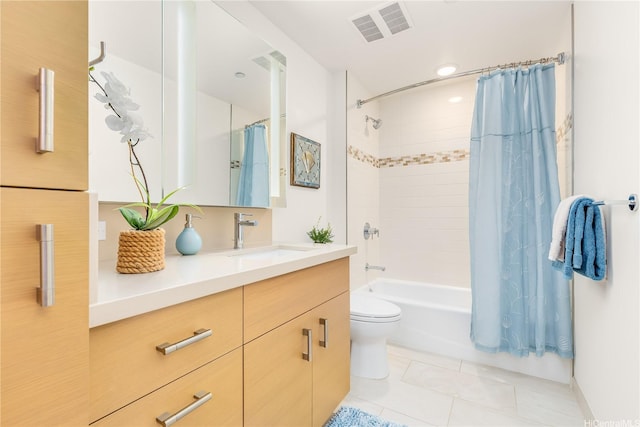 bathroom with vanity, shower / bath combo, tile patterned flooring, toilet, and visible vents