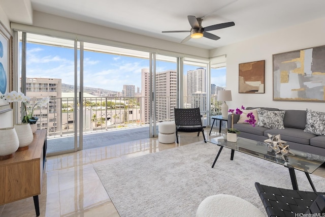 419 Atkinson Dr Unit 1603, Honolulu, HI 96814 - living room with a view of city and a ceiling fan
