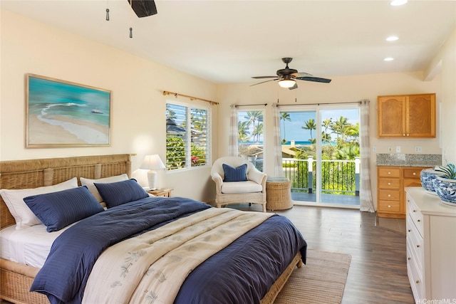61 Kai One Pl, Kailua, HI 96734 - bedroom with access to exterior, multiple windows, recessed lighting, wood finished floors, and a ceiling fan