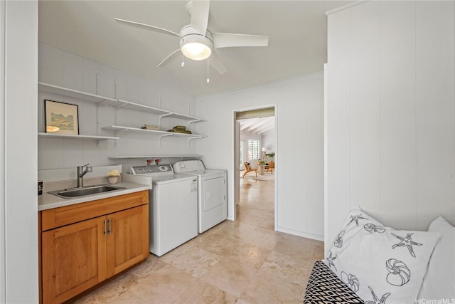 61 Kai One Pl, Kailua, HI 96734 - laundry room with washing machine and clothes dryer, ceiling fan, and cabinet space