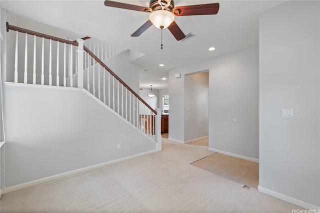91-1036 Kaiuliuli St, Ewa Beach, HI 96706 - stairs featuring carpet flooring, ceiling fan, baseboards, and recessed lighting