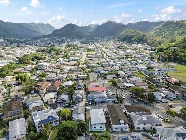 drone / aerial view featuring a mountain view and a residential view