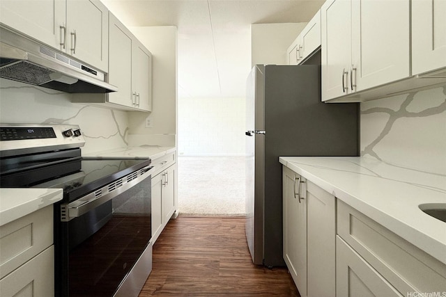kitchen featuring stainless steel appliances, under cabinet range hood, light stone counters, and dark wood finished floors