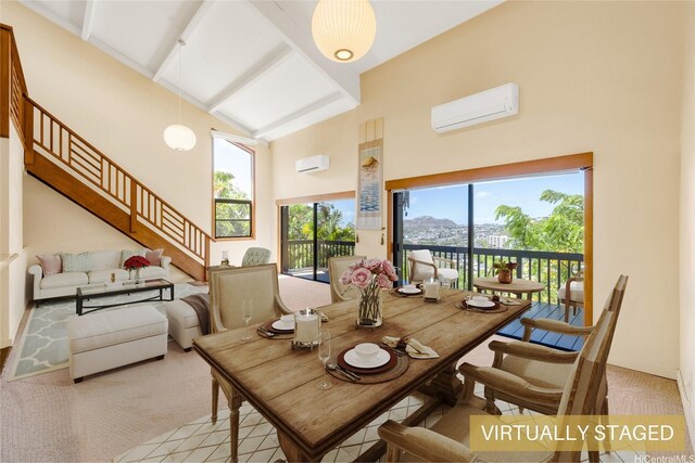 1487 Hiikala Pl Unit 44, Honolulu, HI 96816 - dining area featuring high vaulted ceiling, healthy amount of natural light, a wall unit AC, stairway, and beam ceiling