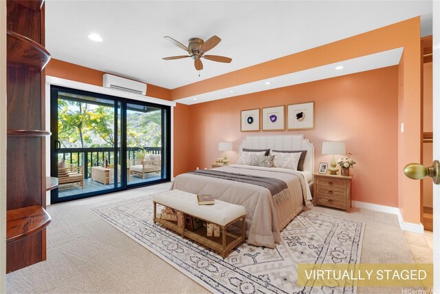 1487 Hiikala Pl Unit 44, Honolulu, HI 96816 - bedroom with a wall mounted air conditioner, access to exterior, carpet flooring, recessed lighting, and ceiling fan