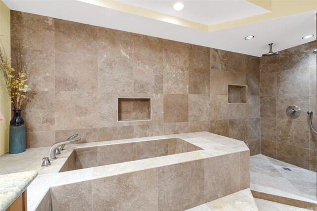 1487 Hiikala Pl Unit 44, Honolulu, HI 96816 - bathroom featuring recessed lighting, a garden tub, tile walls, and a tile shower