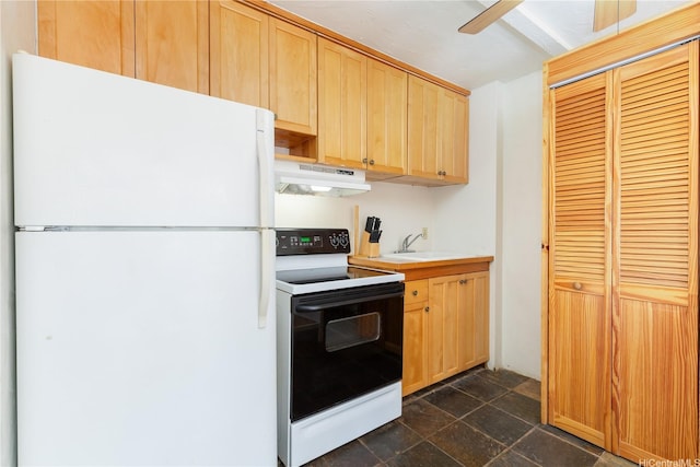 2345 Ala Wai Blvd Unit 1806, Honolulu, HI 96815 - kitchen featuring freestanding refrigerator, range with electric cooktop, under cabinet range hood, light countertops, and a ceiling fan