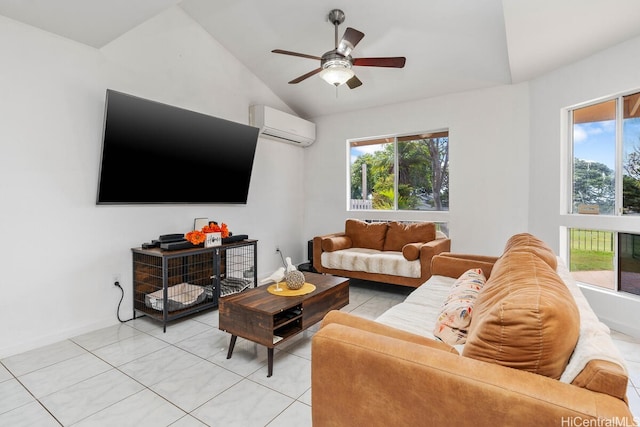 94-835 Lumiauau St Unit K105, Waipahu, HI 96797 - living area featuring a wall mounted air conditioner, lofted ceiling, healthy amount of natural light, and light tile patterned floors