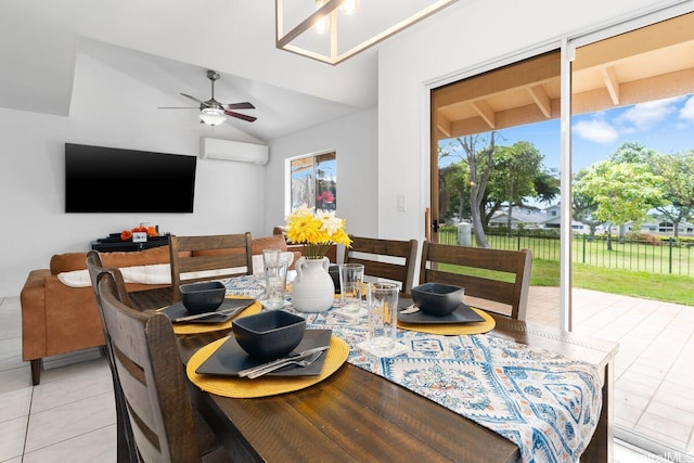 94-835 Lumiauau St Unit K105, Waipahu, HI 96797 - dining area featuring a wall mounted AC, a ceiling fan, light tile patterned flooring, and lofted ceiling