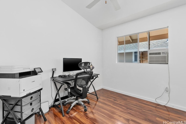 94-835 Lumiauau St Unit K105, Waipahu, HI 96797 - office featuring baseboards, wood finished floors, ceiling fan, cooling unit, and vaulted ceiling
