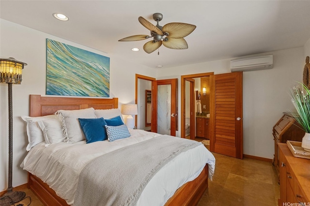 bedroom featuring an AC wall unit, recessed lighting, baseboards, and ceiling fan