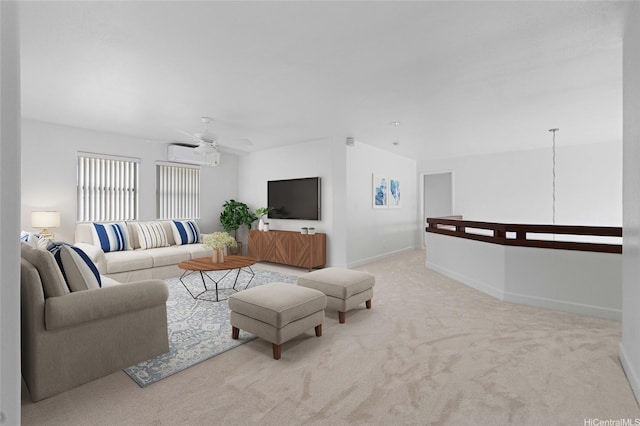 95-1023 Hehina St, Mililani, HI 96789 - living area with ceiling fan, a wall mounted air conditioner, carpet, and baseboards