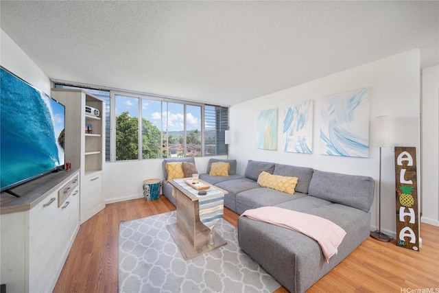 living area featuring a textured ceiling, wood finished floors, and baseboards