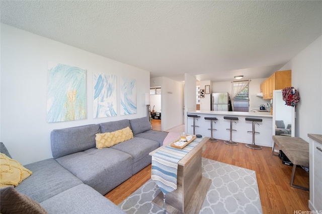 living area featuring a textured ceiling and light wood-style flooring