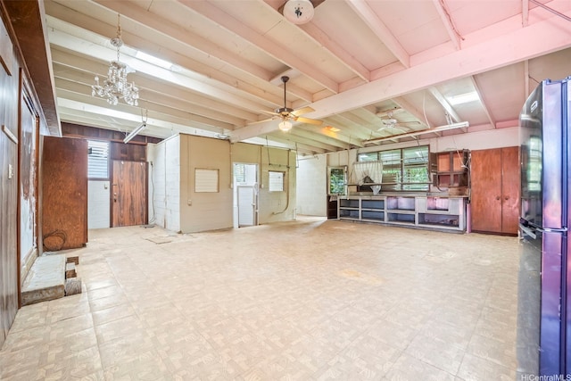 84-731 Upena St, Waianae, HI 96792 - miscellaneous room with tile patterned floors, beam ceiling, wooden walls, and a ceiling fan
