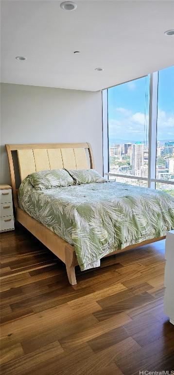 bedroom featuring floor to ceiling windows, a city view, and wood finished floors