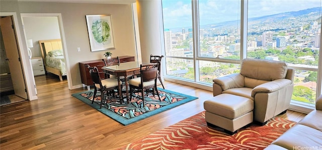 dining space featuring a city view, baseboards, and wood finished floors
