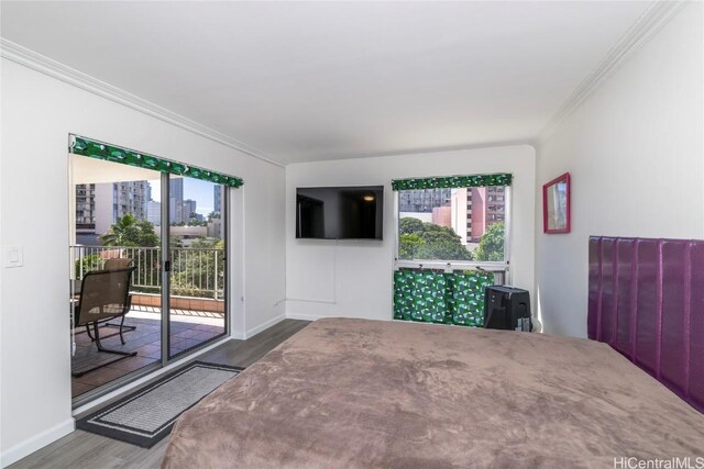 469 Ena Rd Unit 505, Honolulu, HI 96815 - bedroom with ornamental molding, access to outside, wood finished floors, and multiple windows