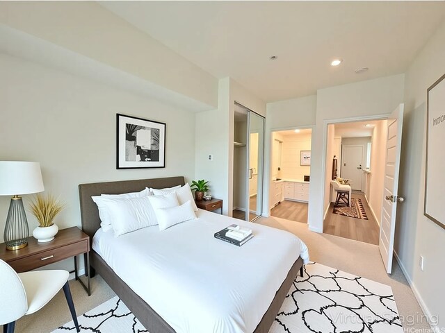 91-3525 Kauluakoko St Unit 2213, Ewa Beach, HI 96706 - bedroom with recessed lighting, light carpet, and connected bathroom