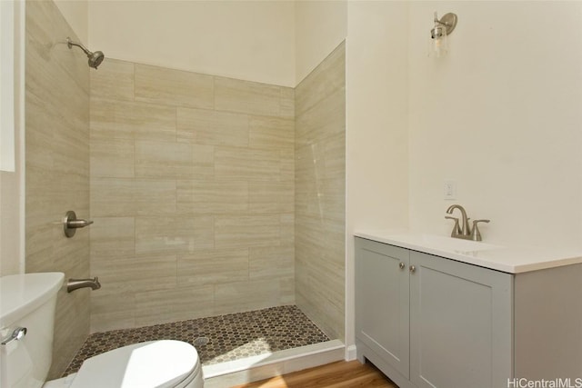 full bath featuring toilet, vanity, and tiled shower