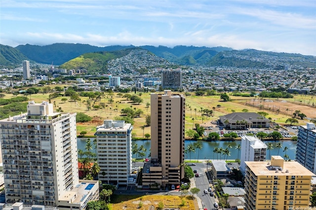 bird's eye view featuring a water and mountain view and a city view
