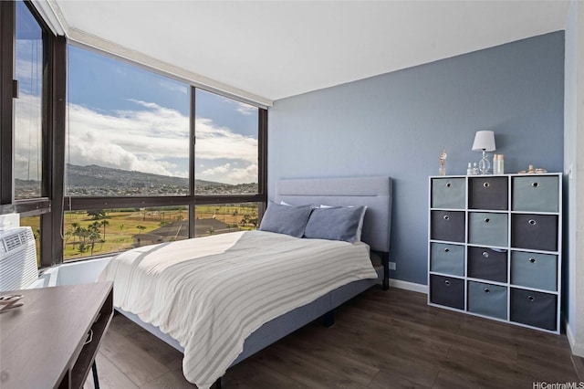 bedroom featuring baseboards, a wall of windows, and wood finished floors