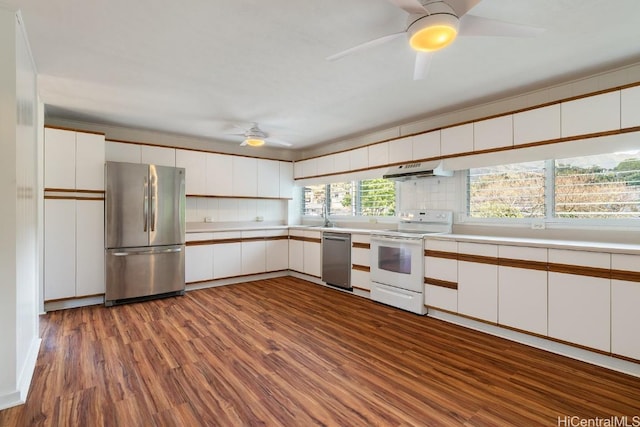kitchen featuring ceiling fan, light countertops, white cabinets, and appliances with stainless steel finishes