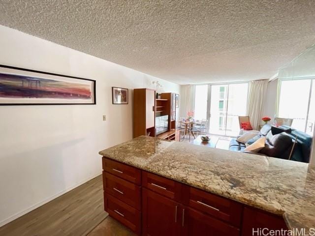 2452 Tusitala St Unit 703, Honolulu, HI 96815 - kitchen with open floor plan, dark wood-style floors, a textured ceiling, plenty of natural light, and light stone counters