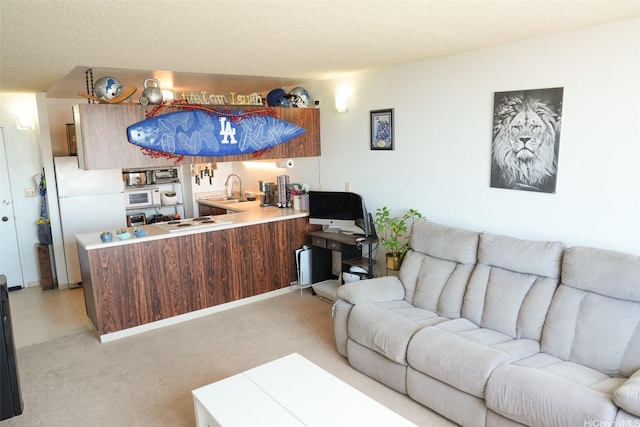 living area featuring light carpet