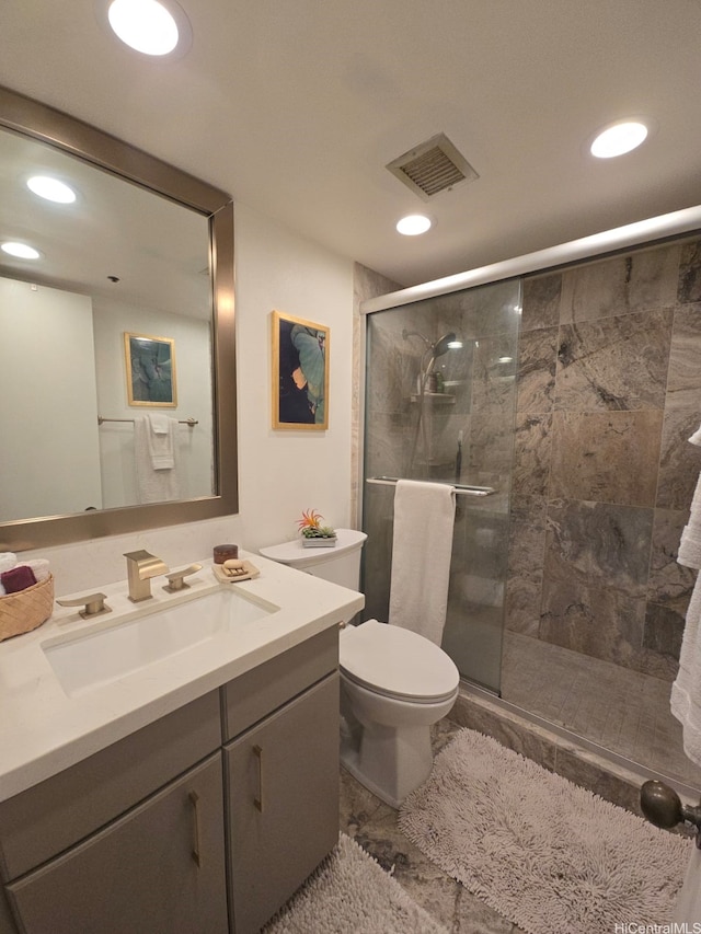 60 N Beretania St Unit 3209, Honolulu, HI 96817 - full bathroom with vanity, a stall shower, recessed lighting, and marble look tile flooring