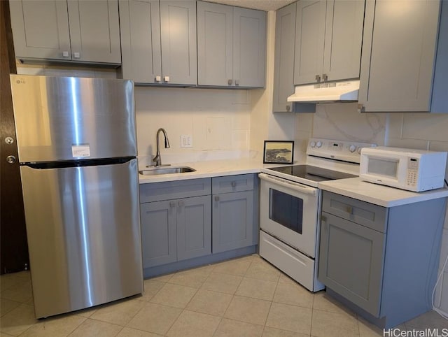 2845 Waialae Ave Unit 116, Honolulu, HI 96826 - kitchen featuring gray cabinets, a sink, under cabinet range hood, and white appliances