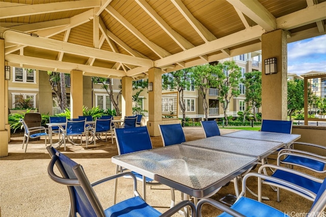 view of patio featuring a gazebo and outdoor dining area