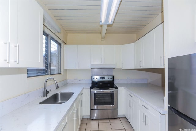 4202 Keanu St Unit 4, Honolulu, HI 96816 - kitchen featuring stainless steel appliances, a sink, white cabinetry, light stone counters, and beamed ceiling