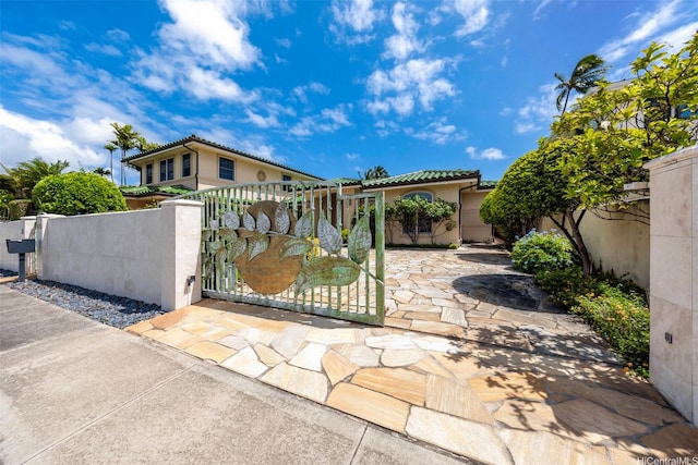 view of gate with a fenced front yard