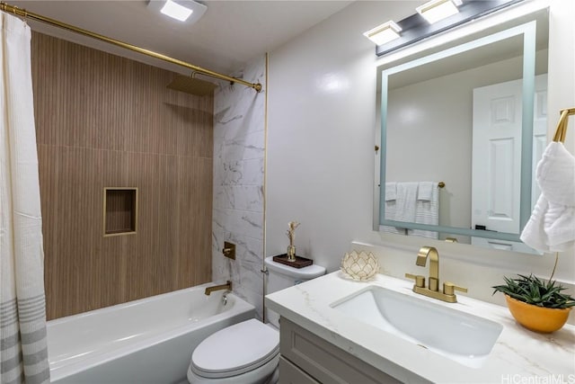 bathroom featuring vanity, toilet, and shower / tub combo with curtain