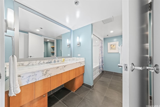 410 Atkinson Dr Unit 3326, Honolulu, HI 96814 - bathroom featuring vanity, tile patterned flooring, shower / bath combination with curtain, and visible vents