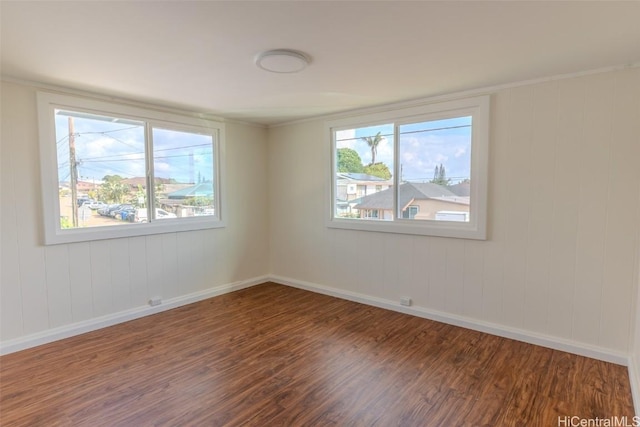 empty room featuring a wealth of natural light, wood finished floors, and baseboards