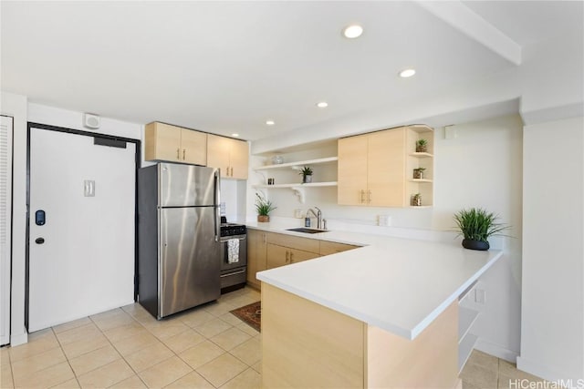 2333 Kapiolani Blvd Unit 2515, Honolulu, HI 96826 - kitchen with a peninsula, open shelves, freestanding refrigerator, light brown cabinetry, and gas range oven