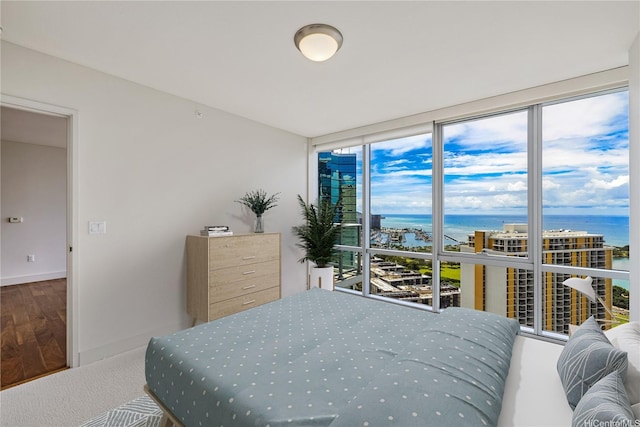 1189 Waimanu St Unit 3502, Honolulu, HI 96814 - bedroom with a water view, baseboards, floor to ceiling windows, and wood finished floors