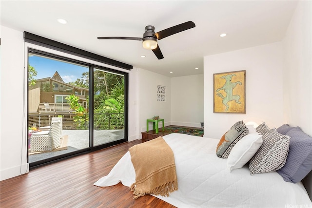 bedroom featuring recessed lighting, a ceiling fan, access to outside, and wood finished floors