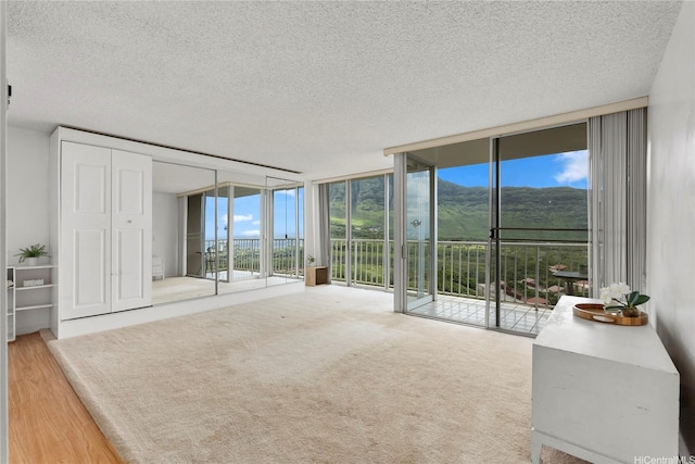 interior space with floor to ceiling windows, a textured ceiling, and wood finished floors