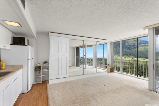 kitchen with a healthy amount of sunlight, a textured ceiling, white cabinets, and expansive windows