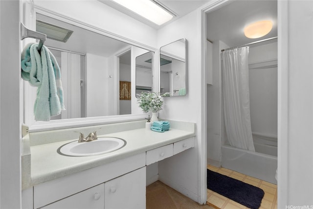 full bath featuring vanity and shower / tub combo with curtain