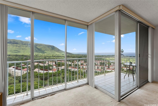 unfurnished sunroom featuring a mountain view