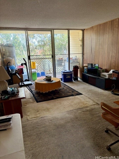 95-2044 Waikalani Pl Unit C405, Mililani, HI 96789 - living room with carpet floors, a textured ceiling, and wooden walls