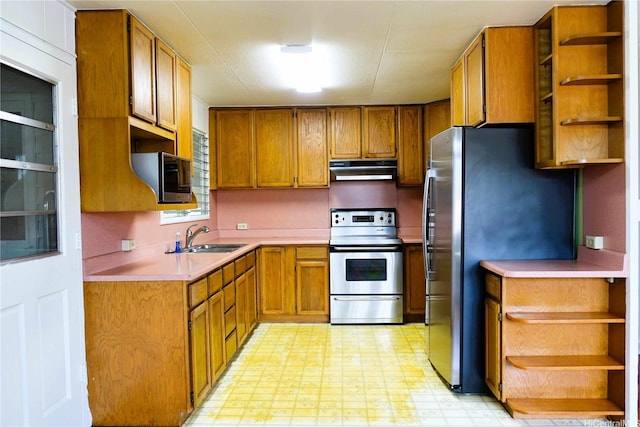kitchen featuring open shelves, a sink, appliances with stainless steel finishes, under cabinet range hood, and brown cabinetry